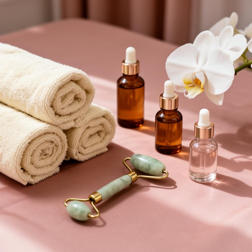 Elegant treatment room flatlay with cream towels, jade roller, amber skincare bottles and a white orchid